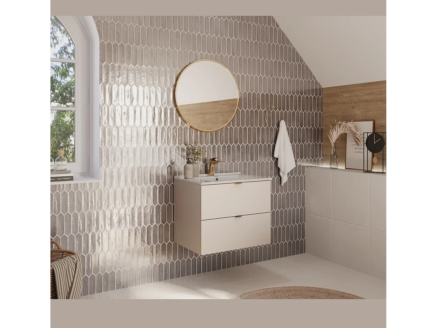 Bathroom Vanity Unit 600mm Beige Wall Cabinet Floating 2 Drawer Cashmere Storage Dalia