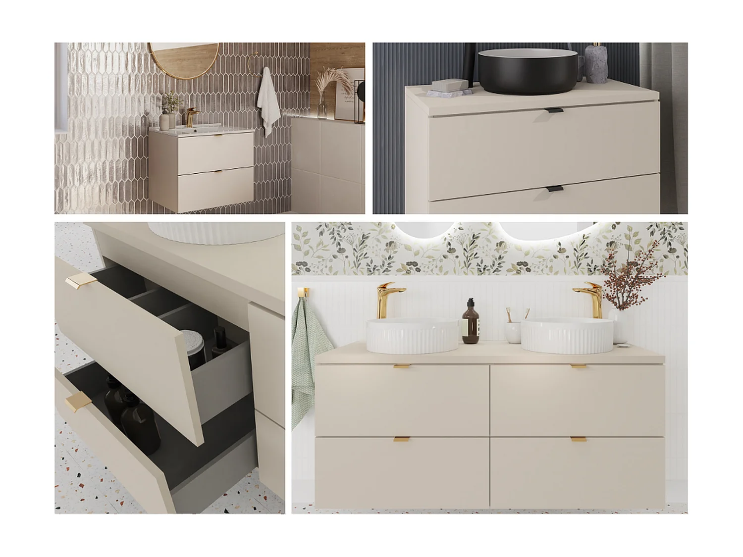 Bathroom Vanity Unit 600mm Beige Wall Cabinet Floating 2 Drawer Cashmere Storage Dalia