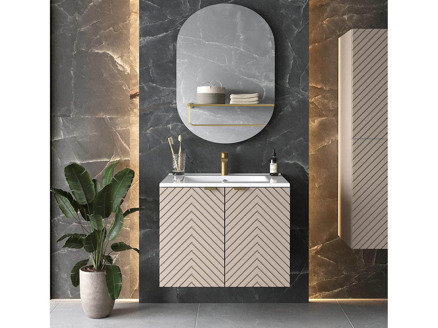 Vanity Unit with Basin 600mm Wall Hung Bathroom Sink Cabinet Fluted Beige Cashmere Modern Cara