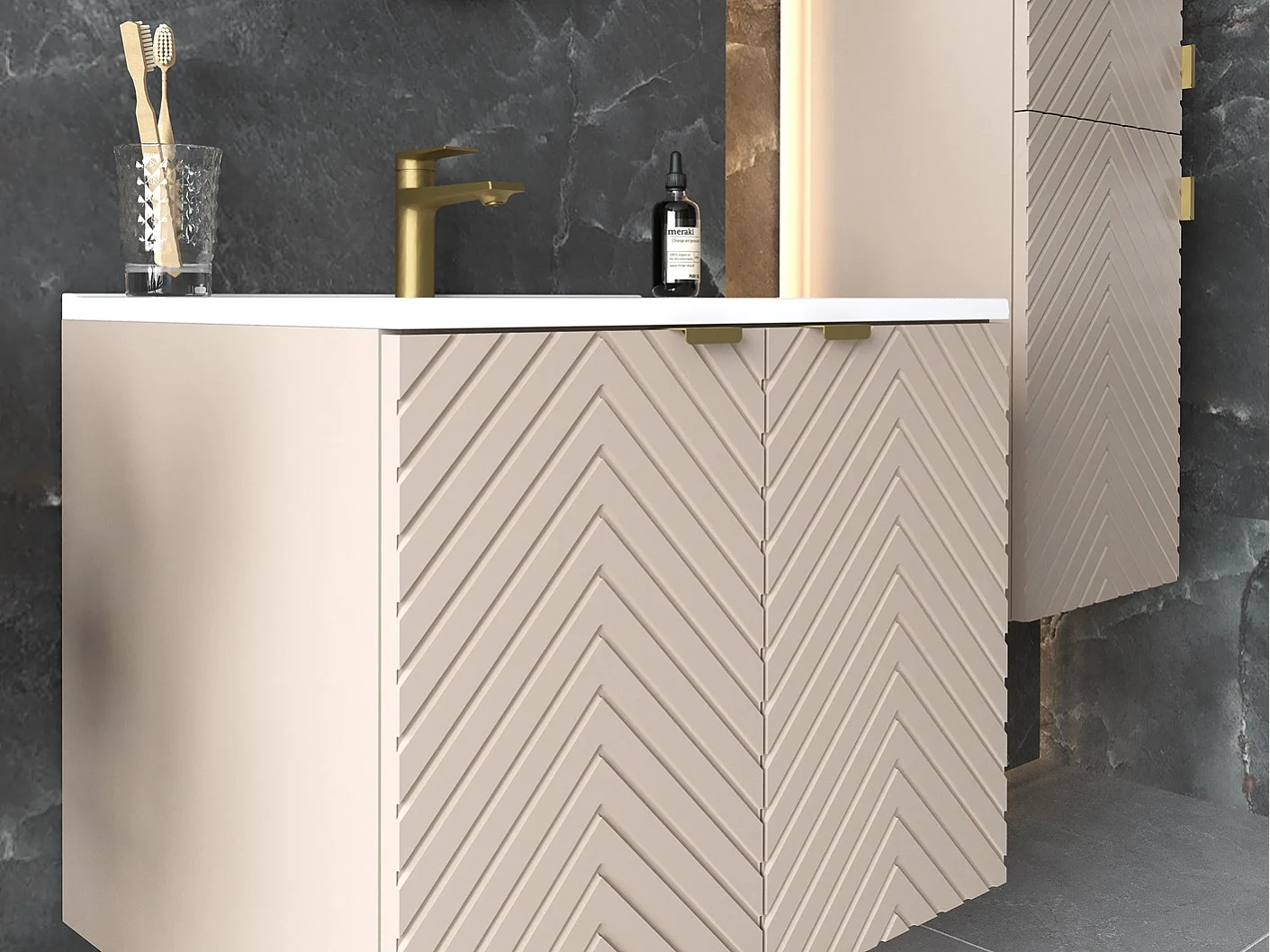 Vanity Unit with Basin 600mm Wall Hung Bathroom Sink Cabinet Fluted Beige Cashmere Modern Cara