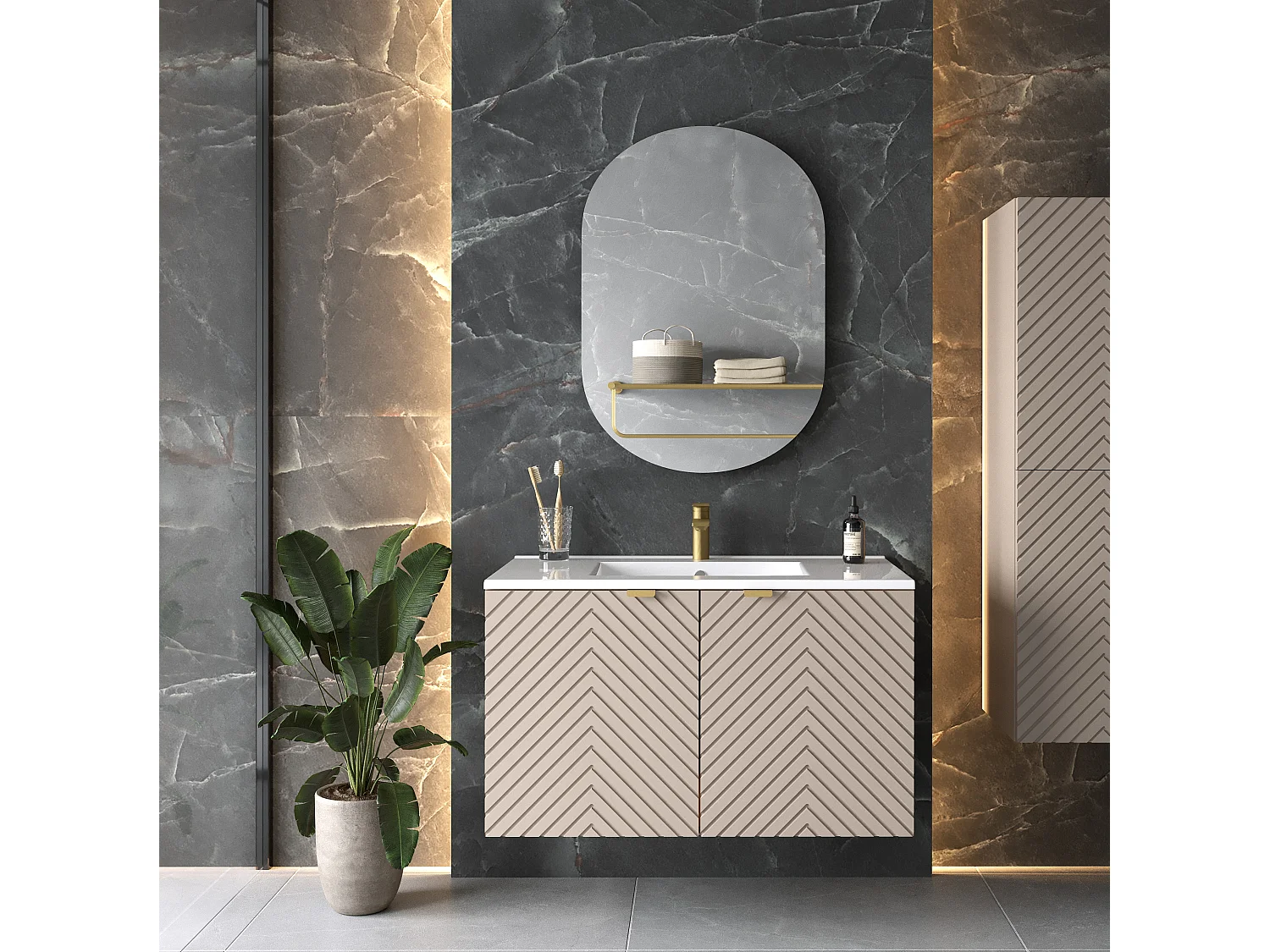 Bathroom Vanity Unit with Sink Basin 800mm Modern Wall Hung Cabinet Herringbone Beige Cara