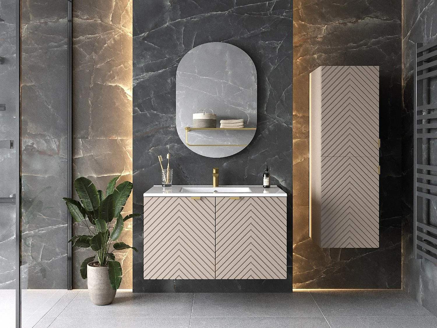 Bathroom Vanity Unit with Sink Basin 800mm Modern Wall Hung Cabinet Herringbone Beige Cara