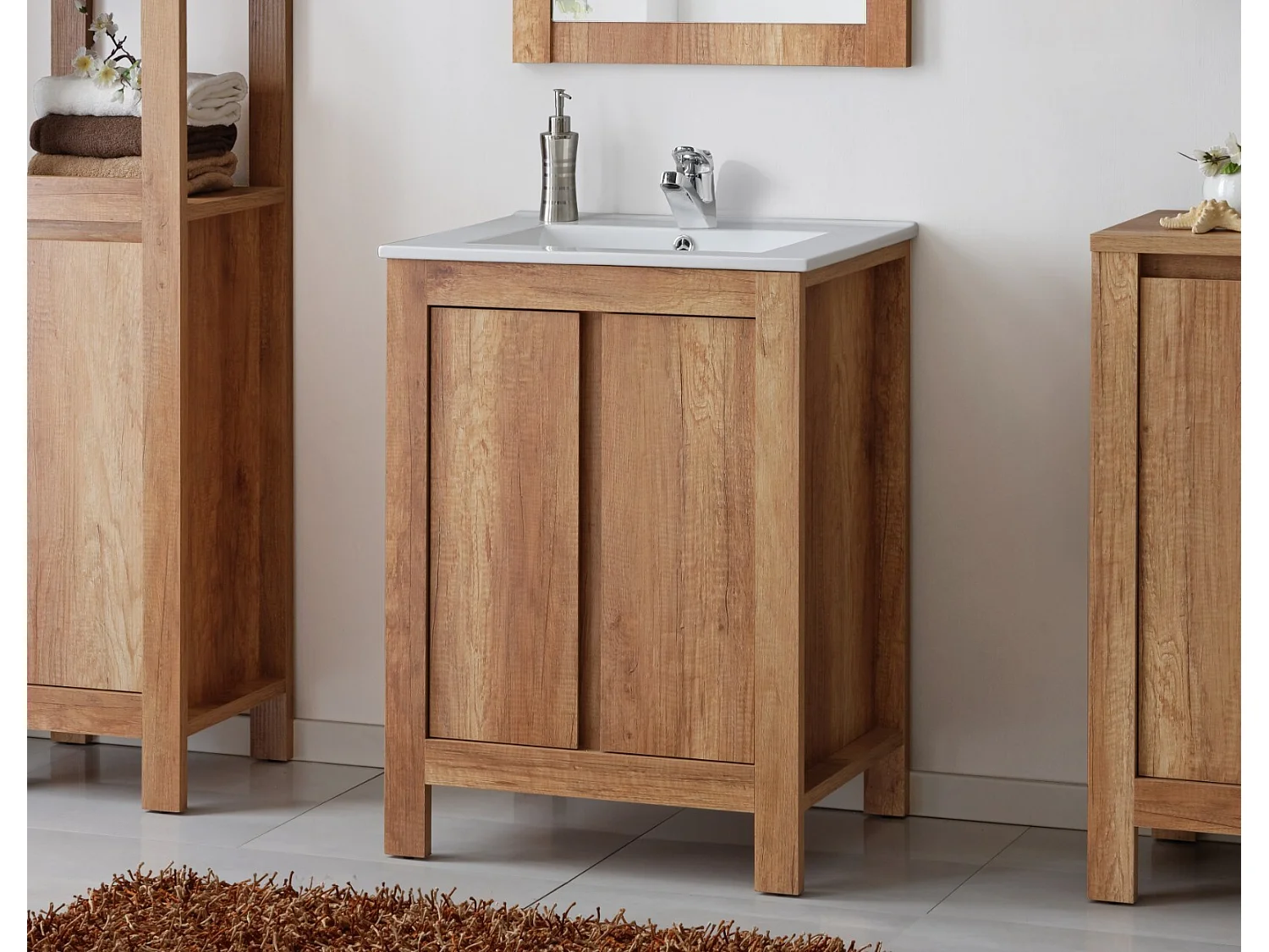 Freestanding Bathroom Vanity Unit 600mm Sink Cabinet with Basin Oak Effect Storage Classic