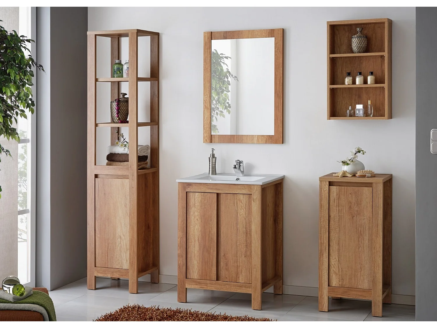Freestanding Bathroom Vanity Unit 600mm Sink Cabinet with Basin Oak Effect Storage Classic