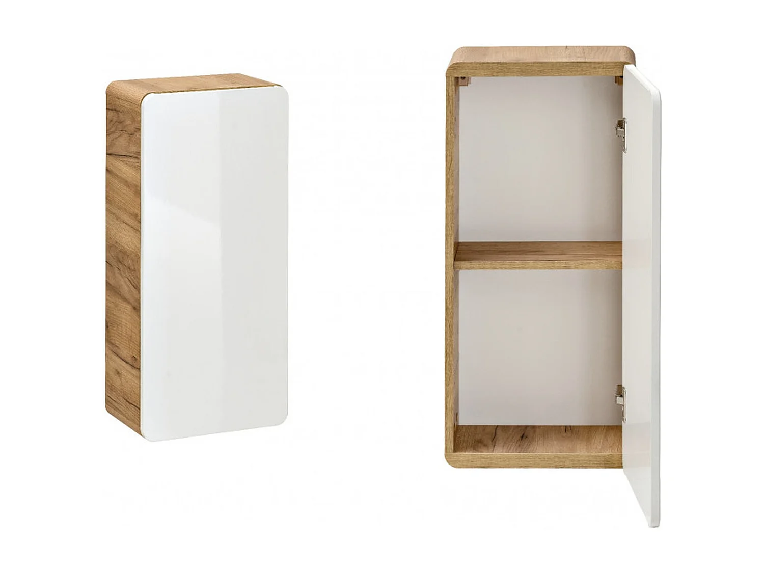 Small Bathroom Wall Cabinet Slim Storage Unit Compact Cupboard White Gloss and Oak Scandi Modern Aruba
