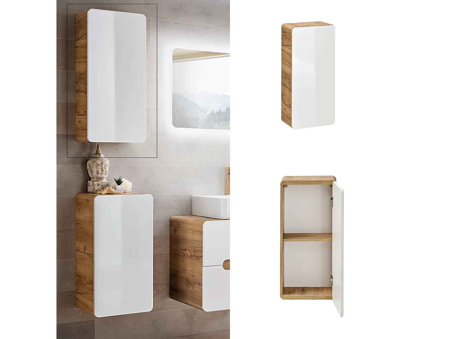 Small Bathroom Wall Cabinet Slim Storage Unit Compact Cupboard White Gloss and Oak Scandi Modern Aruba