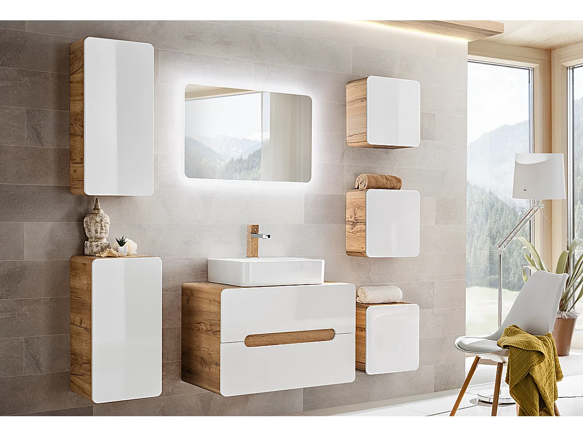 Small Bathroom Wall Cabinet Slim Storage Unit Compact Cupboard White Gloss and Oak Scandi Modern Aruba