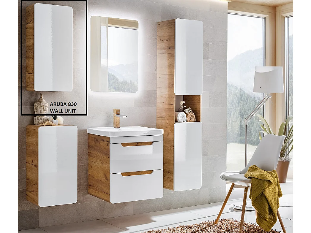 Small Bathroom Wall Cabinet Slim Storage Unit Compact Cupboard White Gloss and Oak Scandi Modern Aruba
