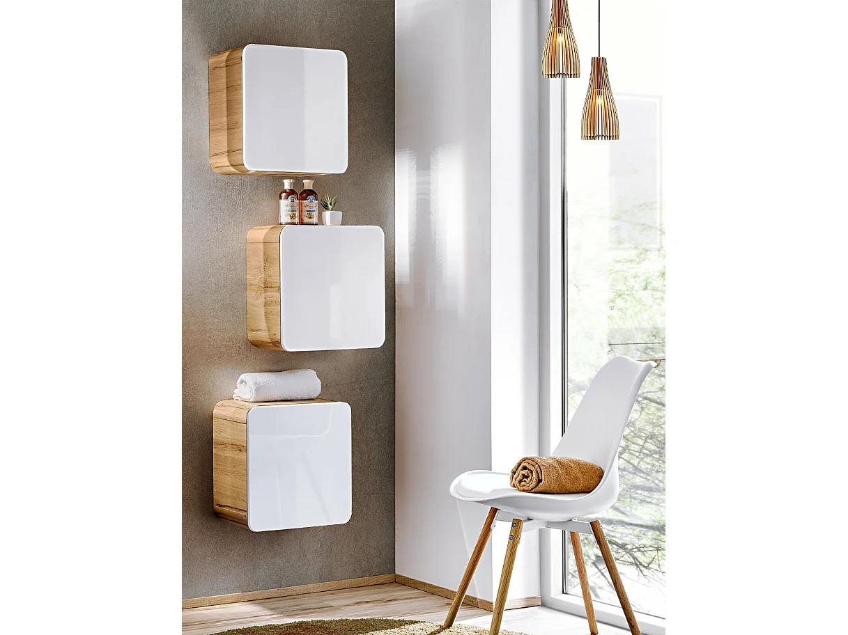 Small Bathroom Cabinet Wall Mounted Cube Unit Set of 3 Floating Shelf Boxes White Gloss Oak Designer Aruba