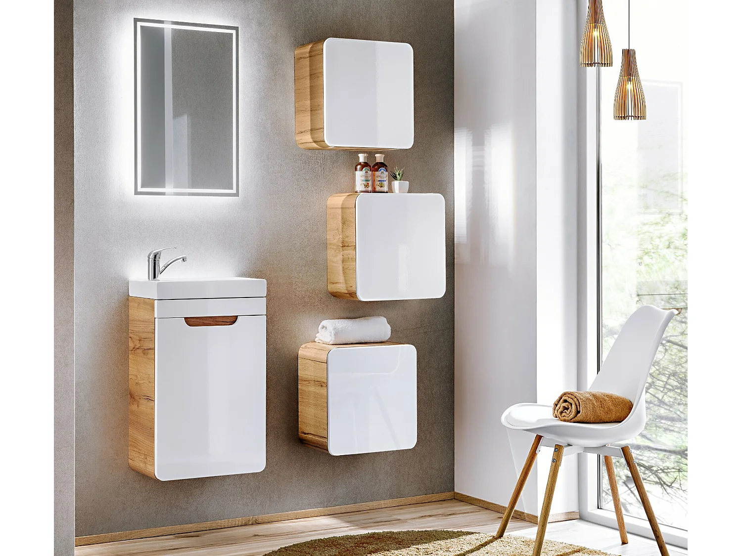 Small Bathroom Cabinet Wall Mounted Cube Unit Set of 3 Floating Shelf Boxes White Gloss Oak Designer Aruba
