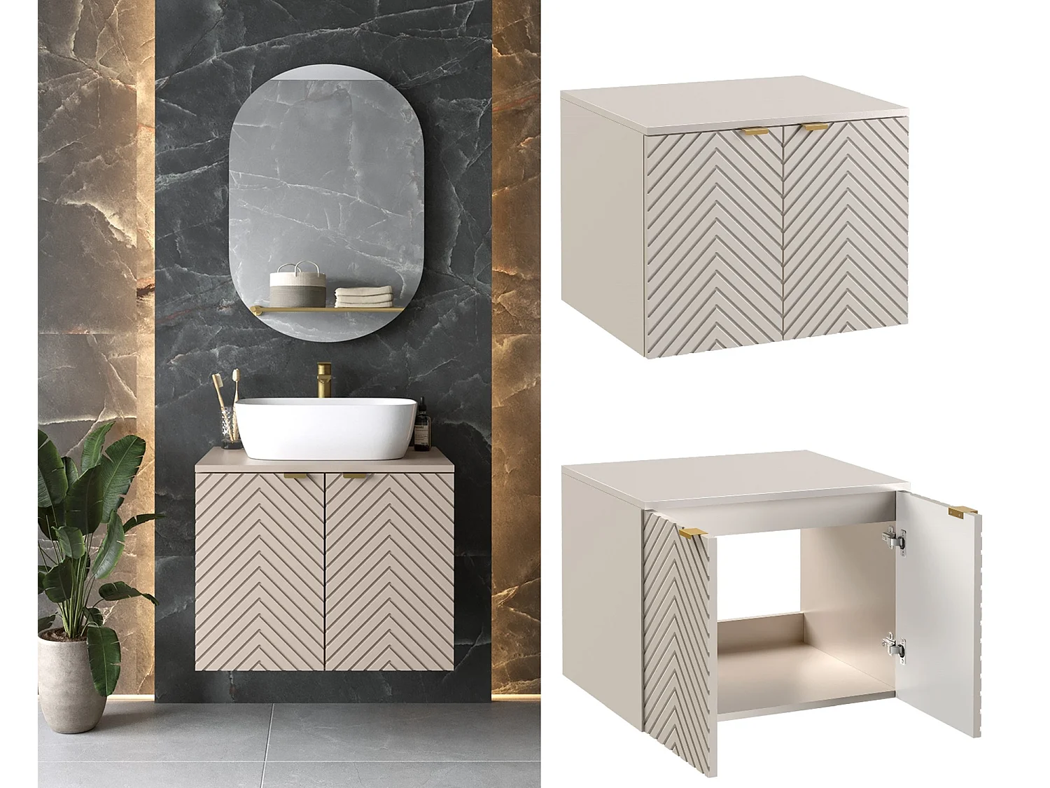 Wall Hung Vanity Unit 600mm Countertop Bathroom Cabinet Fluted Beige Cashmere Cara