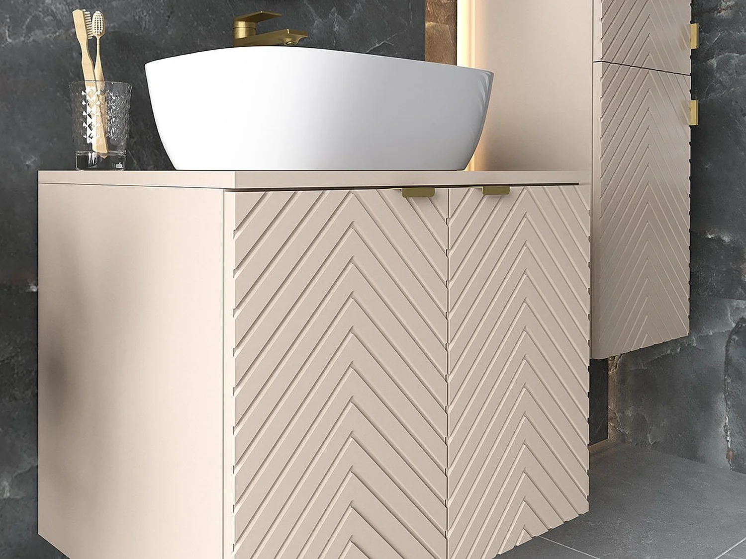 Wall Hung Vanity Unit 600mm Countertop Bathroom Cabinet Fluted Beige Cashmere Cara