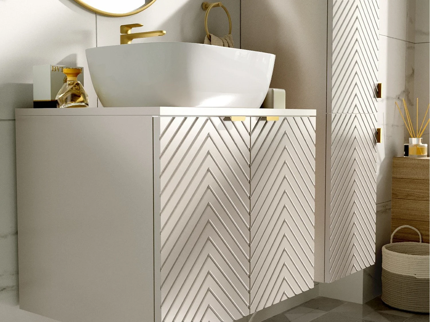 Wall Hung Vanity Unit 600mm Countertop Bathroom Cabinet Fluted Beige Cashmere Cara