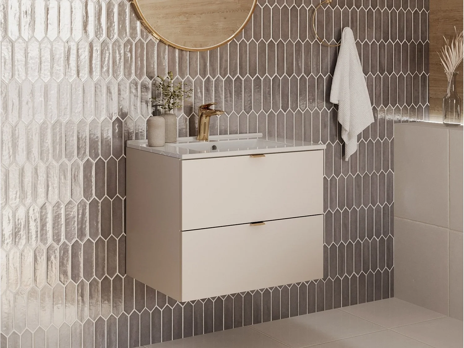 Bathroom Vanity Unit with Basin Beige 600mm Floating Drawer Wall Sink Cabinet Cashmere Dalia