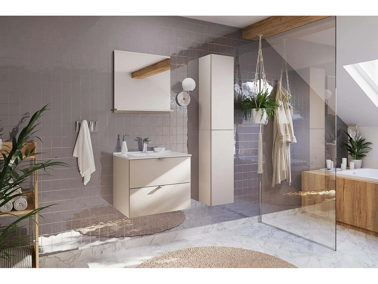 Bathroom Vanity Unit with Basin Beige 600mm Floating Drawer Wall Sink Cabinet Cashmere Dalia