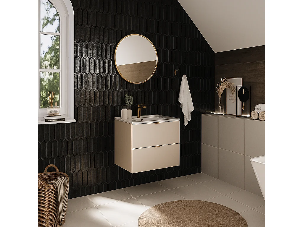 Bathroom Vanity Unit with Basin Beige 600mm Floating Drawer Wall Sink Cabinet Cashmere Dalia