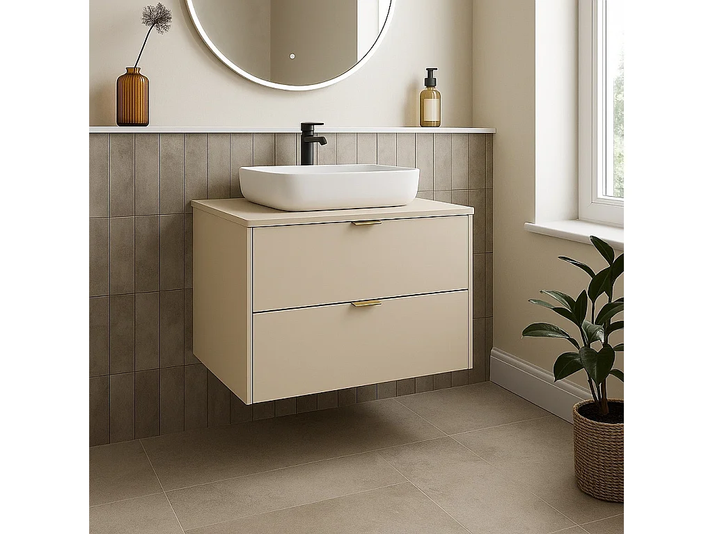 Vanity Unit with Basin 600mm Bathroom Wall Cabinet Worktop Countertop Sink Unit Beige Floating Dalia