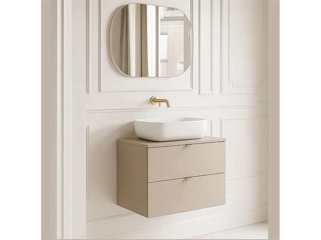 Vanity Unit with Basin 600mm Bathroom Wall Cabinet Worktop Countertop Sink Unit Beige Floating Dalia
