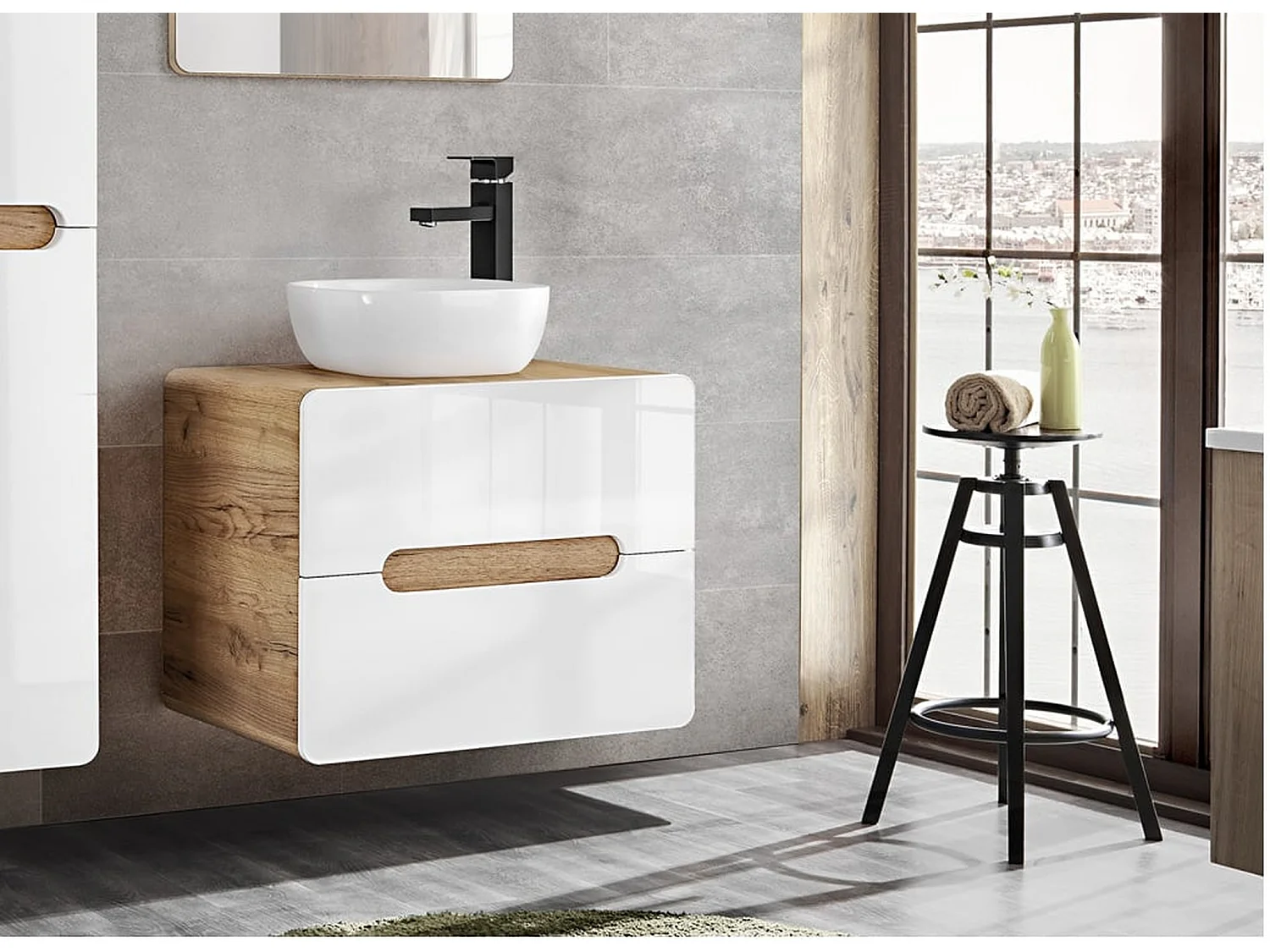 Bathroom Vanity Unit and Basin 600mm Countertop Wall Hung Cabinet with Drawers White Gloss Oak Aruba