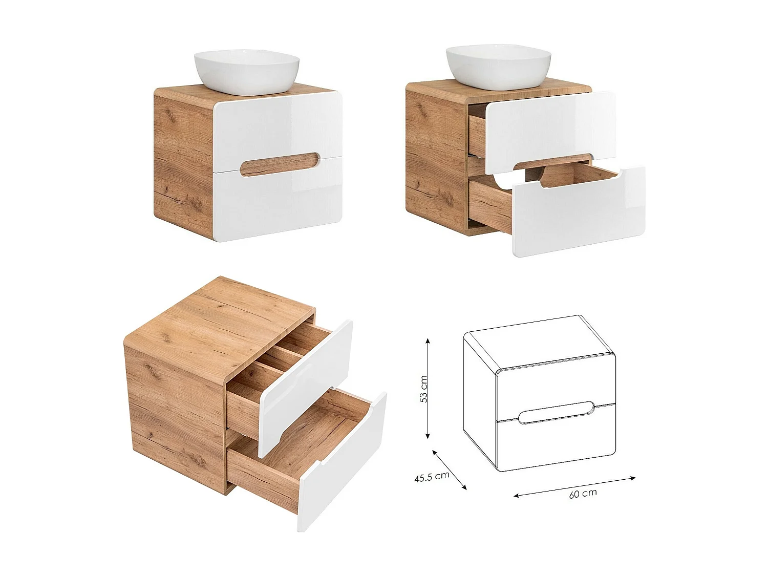 Bathroom Vanity Unit and Basin 600mm Countertop Wall Hung Cabinet with Drawers White Gloss Oak Aruba