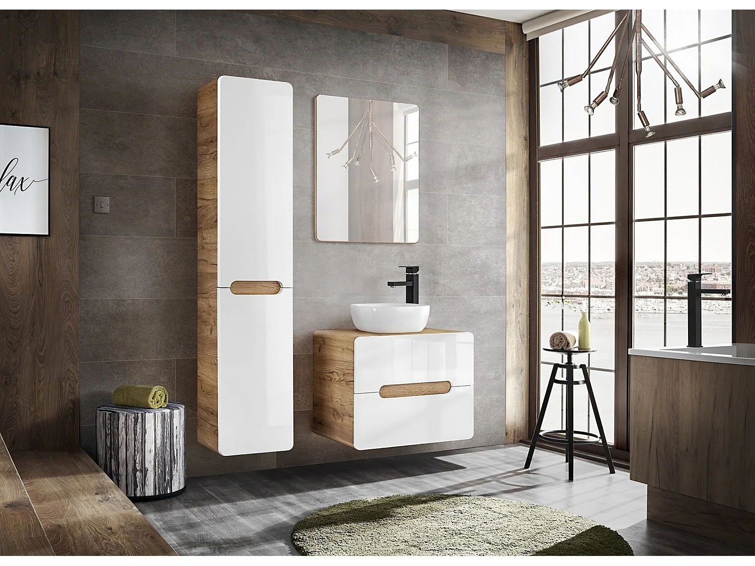 Bathroom Vanity Unit and Basin 600mm Countertop Wall Hung Cabinet with Drawers White Gloss Oak Aruba