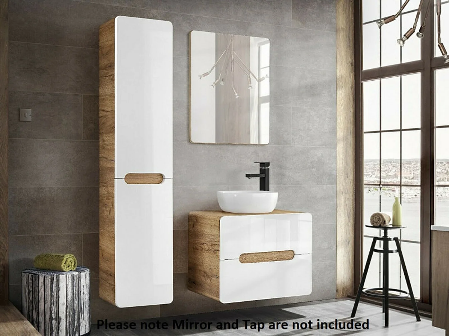 Bathroom Vanity Unit and Basin 600mm Countertop Wall Hung Cabinet with Drawers White Gloss Oak Aruba