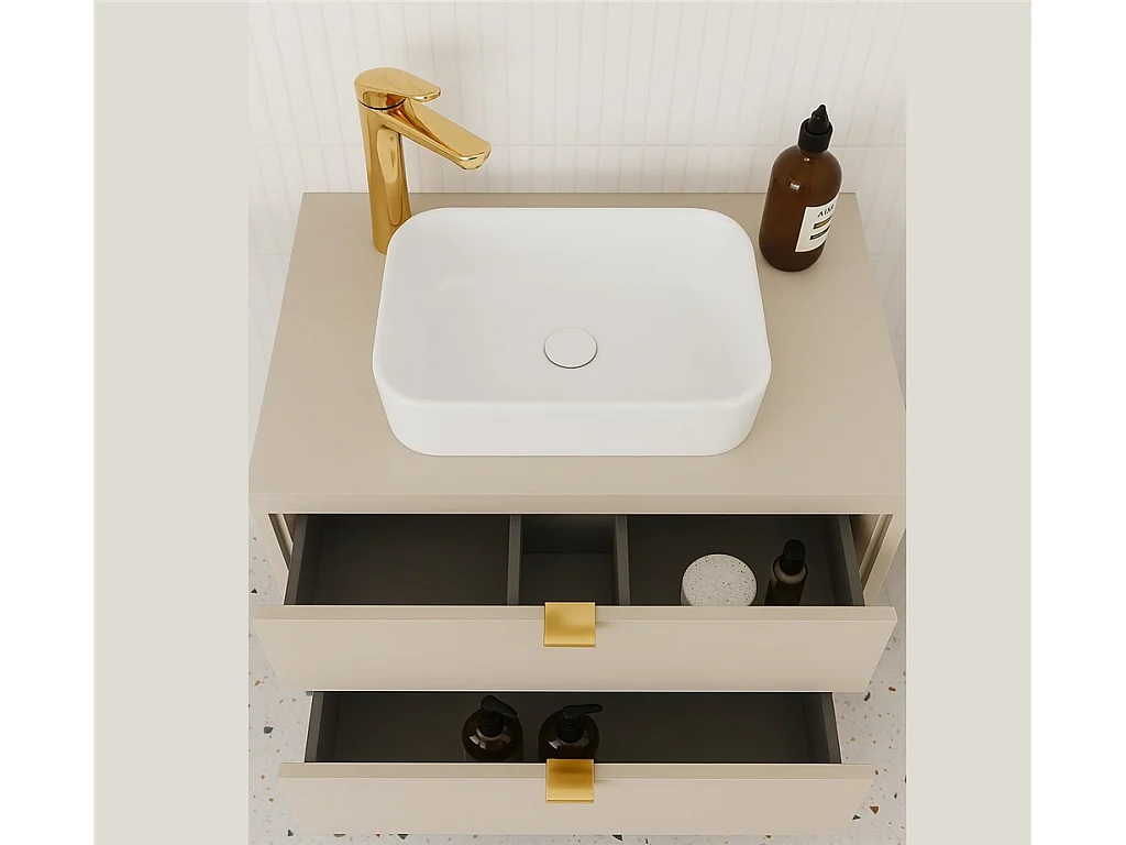 Bathroom Vanity Unit with Unit 600mm Countertop Wall Cabinet Beige Worktop Floating Drawer Storage Dalia