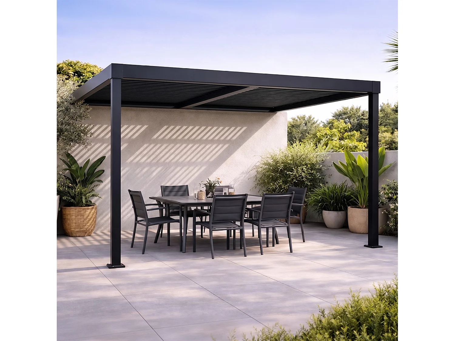 Pergola bioclimatique adossée en aluminium noir 3x3m SIFNOS