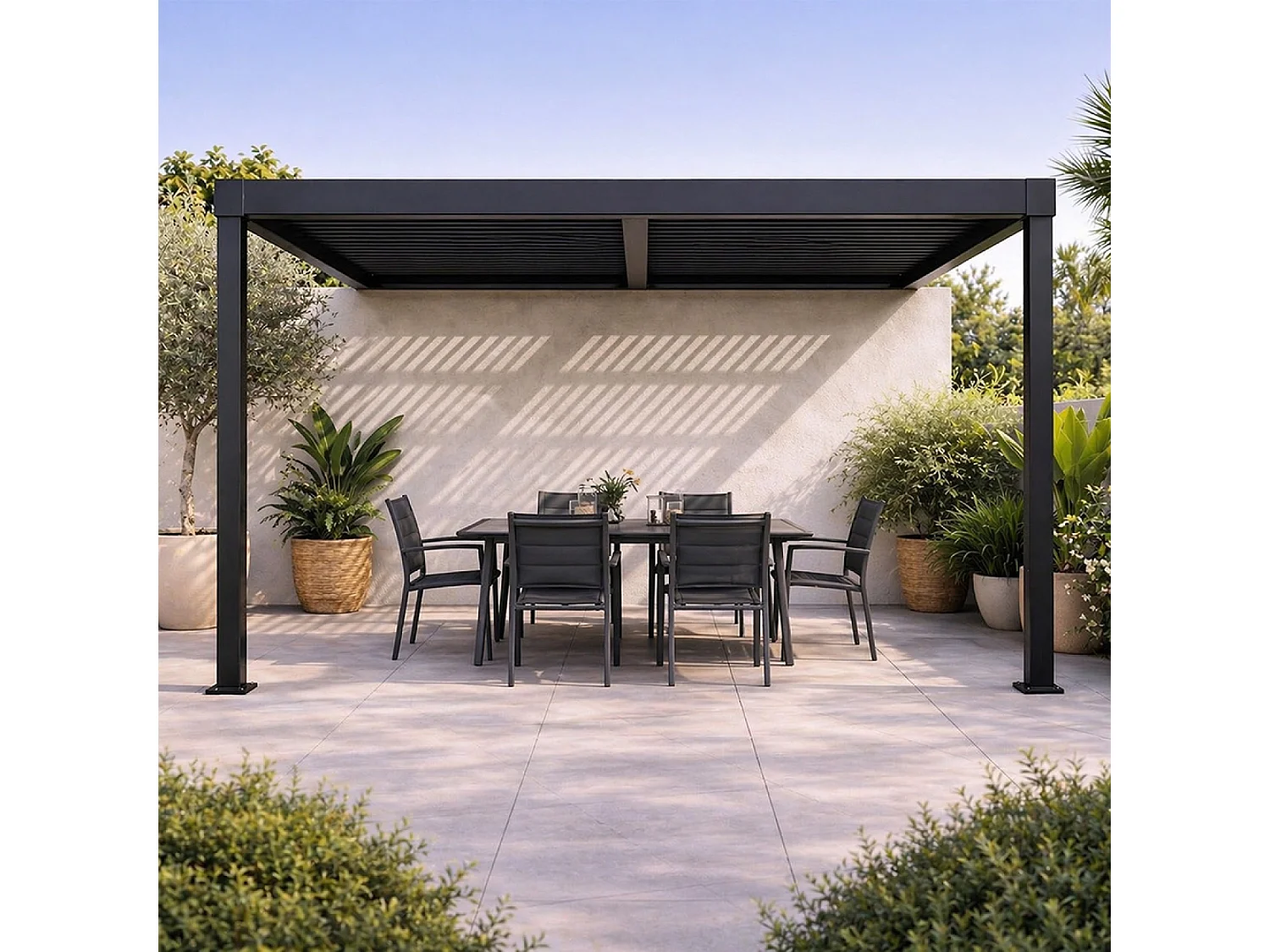 Pergola bioclimatique adossée en aluminium noir 3x3m SIFNOS