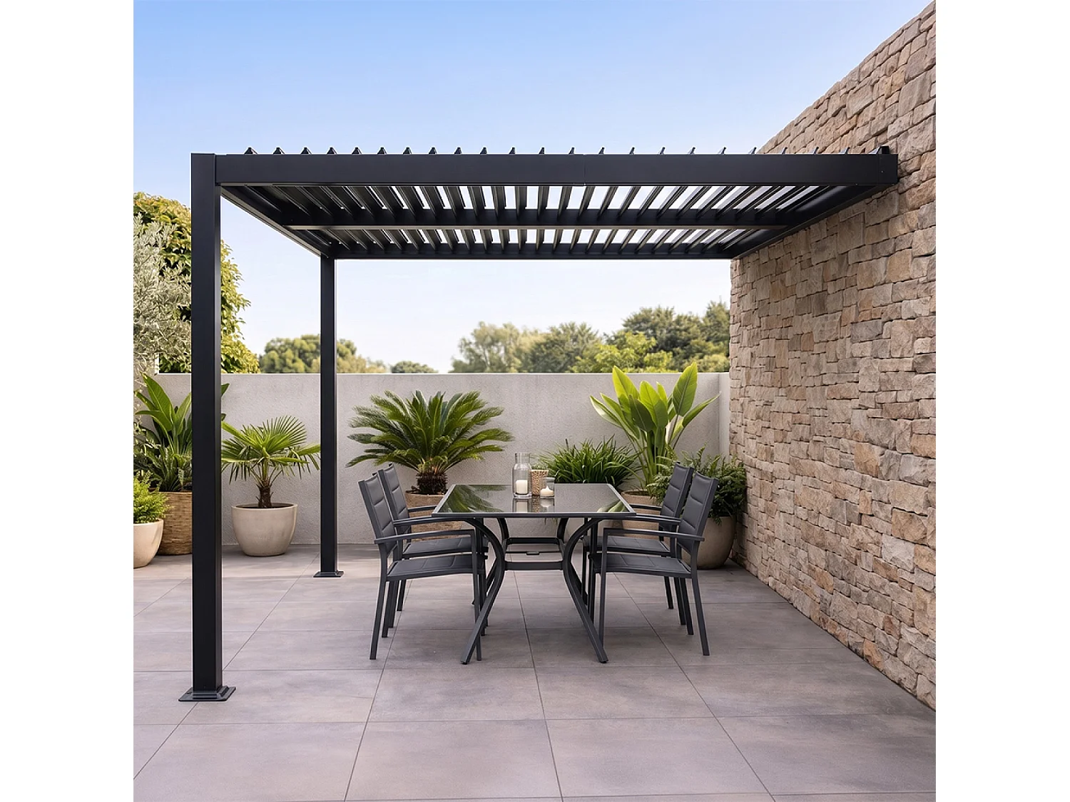 Pergola bioclimatique adossée en aluminium noir 3x3m SIFNOS