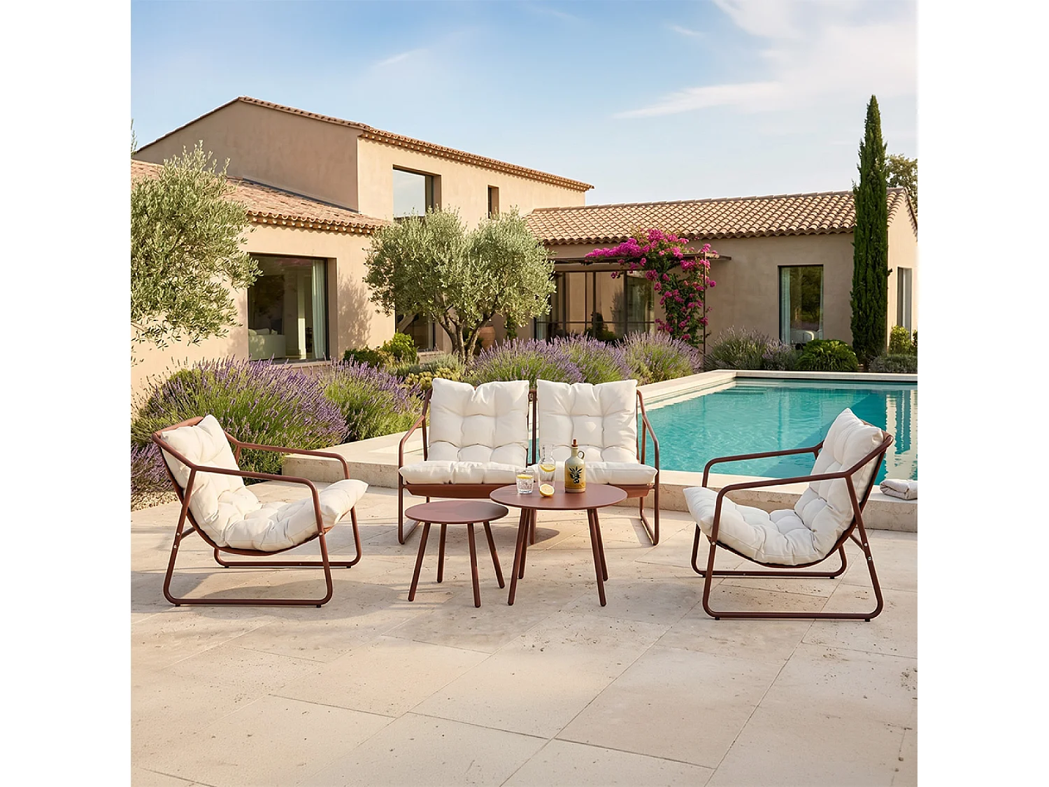 Salon de jardin 4 places terracotta et beige avec tables basses ATRANI