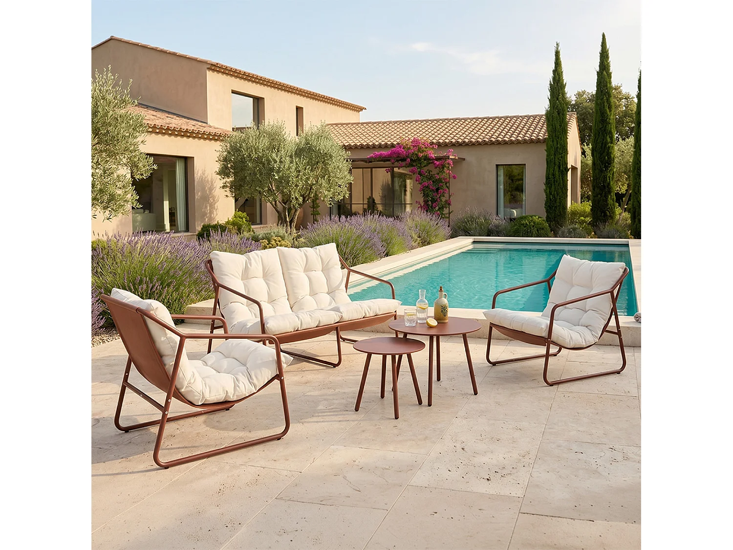 Salon de jardin 4 places terracotta et beige avec tables basses ATRANI