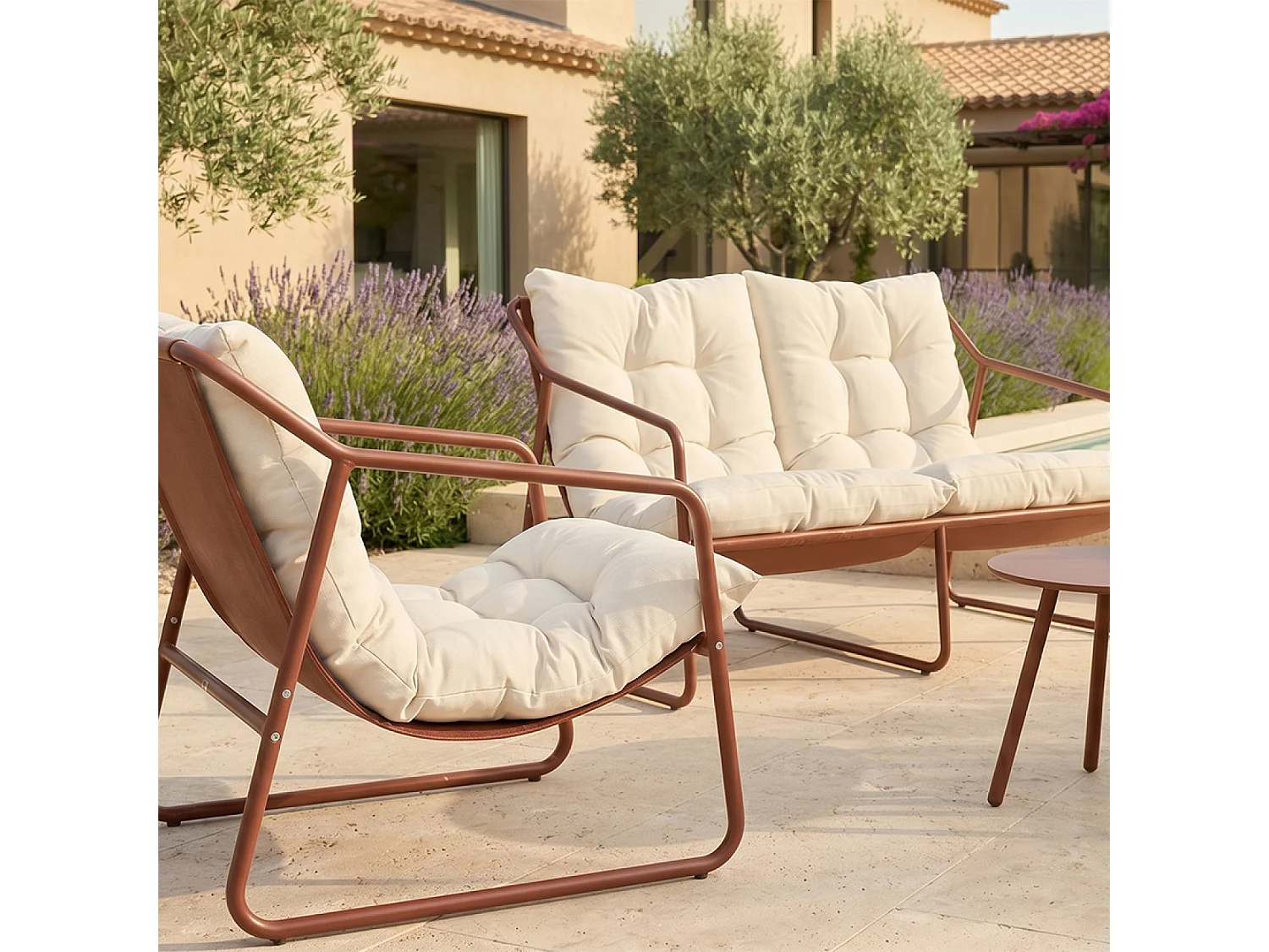 Salon de jardin 4 places terracotta et beige avec tables basses ATRANI