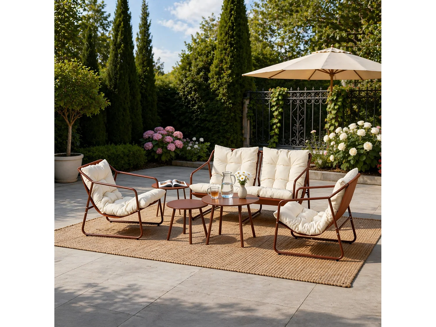 Salon de jardin 4 places terracotta et beige avec tables basses ATRANI