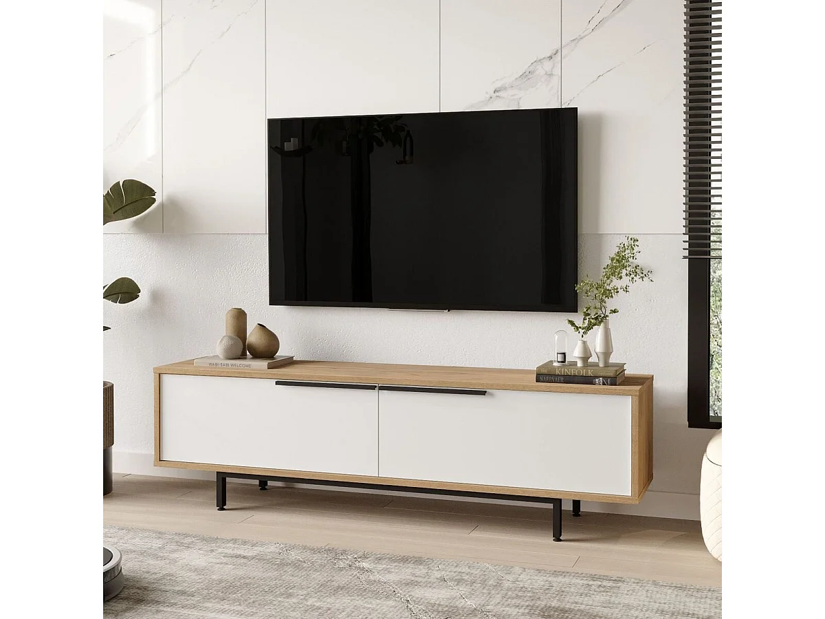TV-Möbel mit 2 Klappen in Eichenoptik und Weiß, B160 cm - NAYA