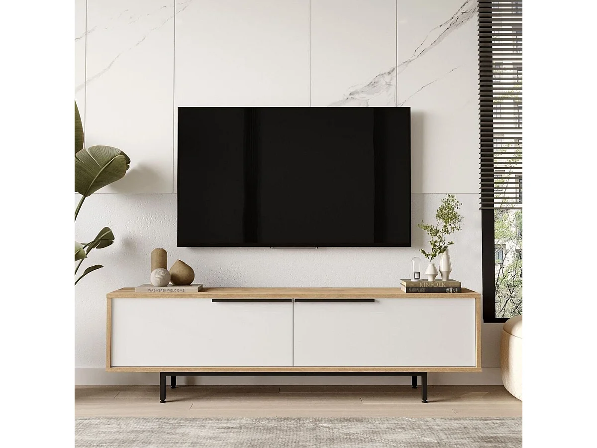 TV-Möbel mit 2 Klappen in Eichenoptik und Weiß, B160 cm - NAYA