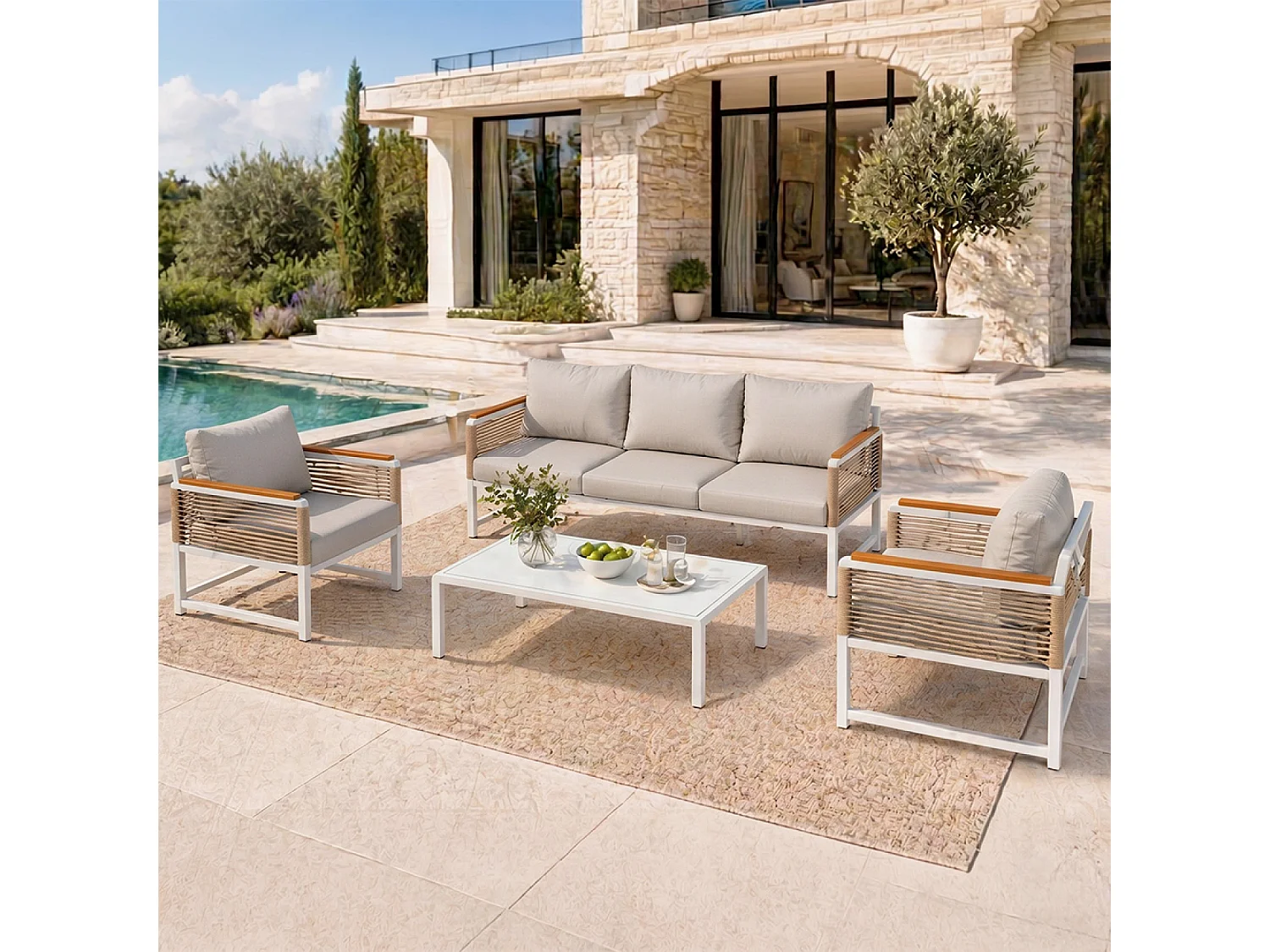 Salon de jardin 5 places avec table basse gris clair SOLOMON