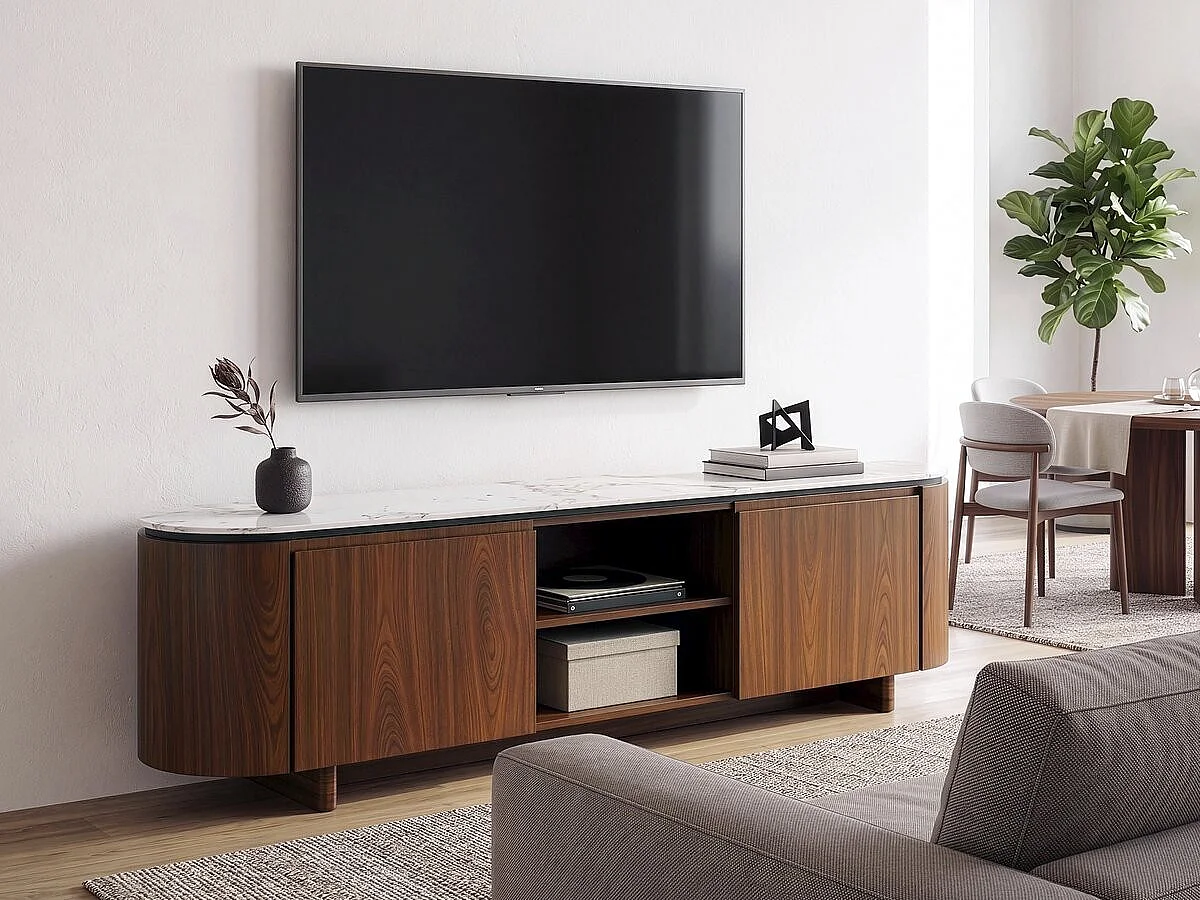TV-Möbel aus Holz mit Keramikplatte "Stonea" - 200 x 40 x 55 cm - Braun