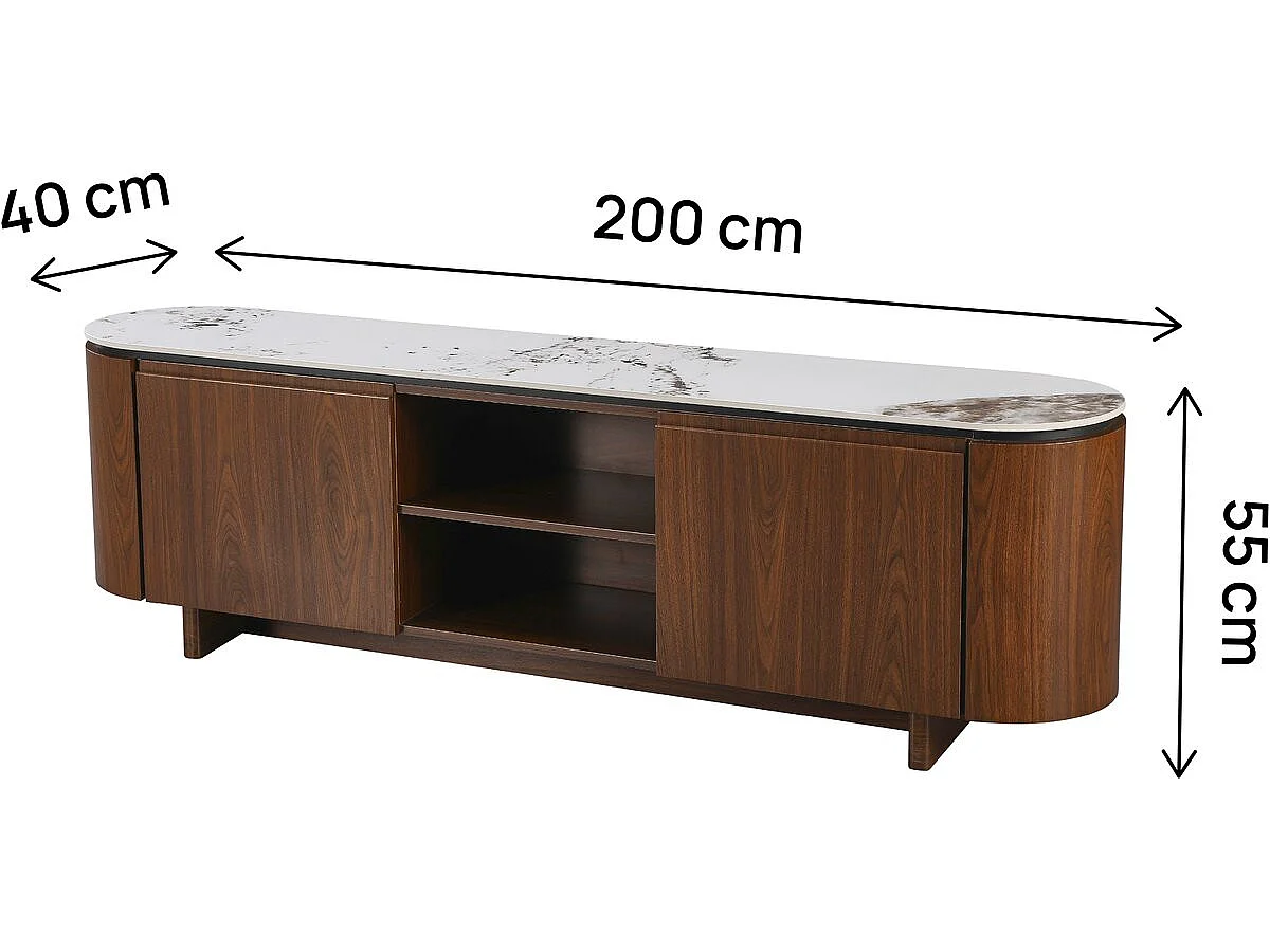 Suporte de TV moderno em madeira castanha com topo de cerâmica marmorizada "Stonea" - 200 x 40 x 55 cm
