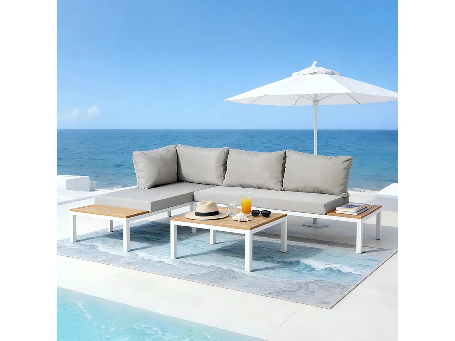 Salon de jardin 3-4 places avec table basse blanc et gris MAJURO