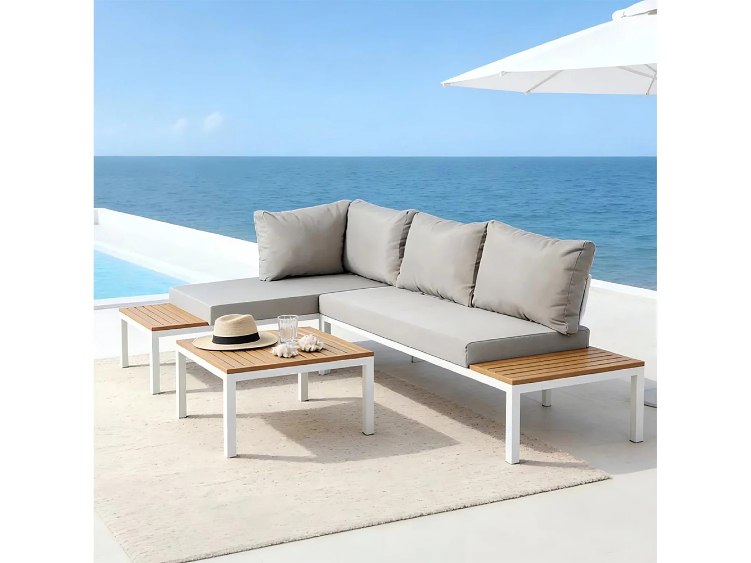 Salon de jardin 3-4 places avec table basse blanc et gris MAJURO