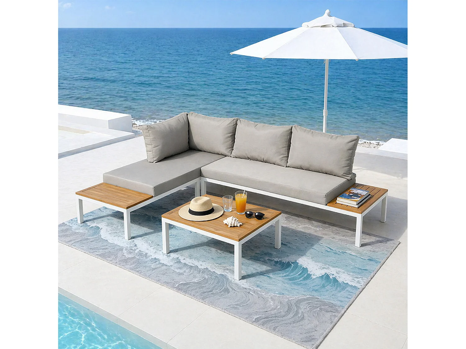 Salon de jardin 3-4 places avec table basse blanc et gris MAJURO