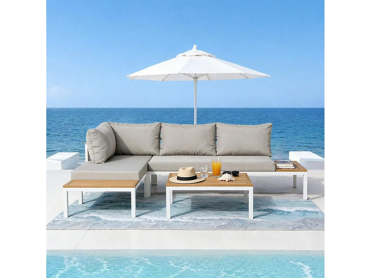 Salon de jardin 3-4 places avec table basse blanc et gris MAJURO