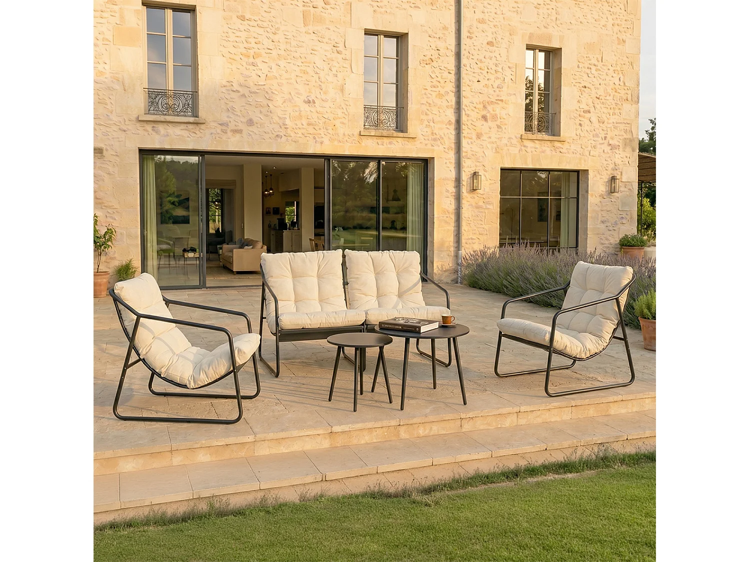 Salon de jardin 4 places gris et beige avec tables basses ATRANI