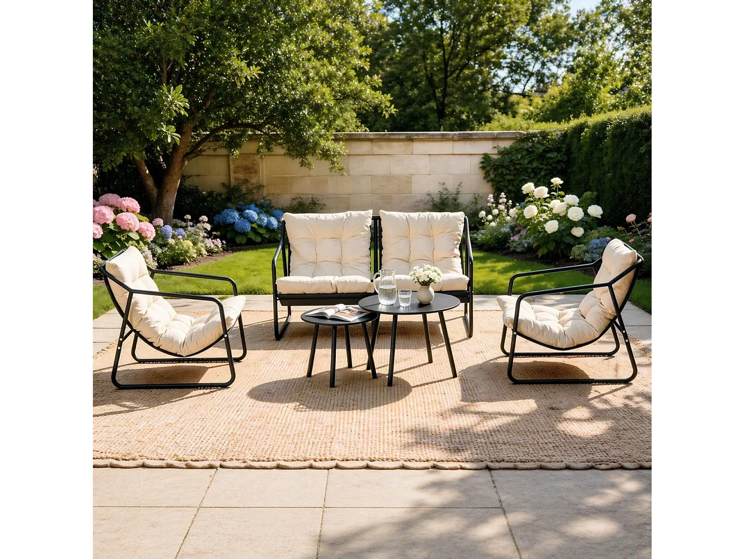 Salon de jardin 4 places gris et beige avec tables basses ATRANI