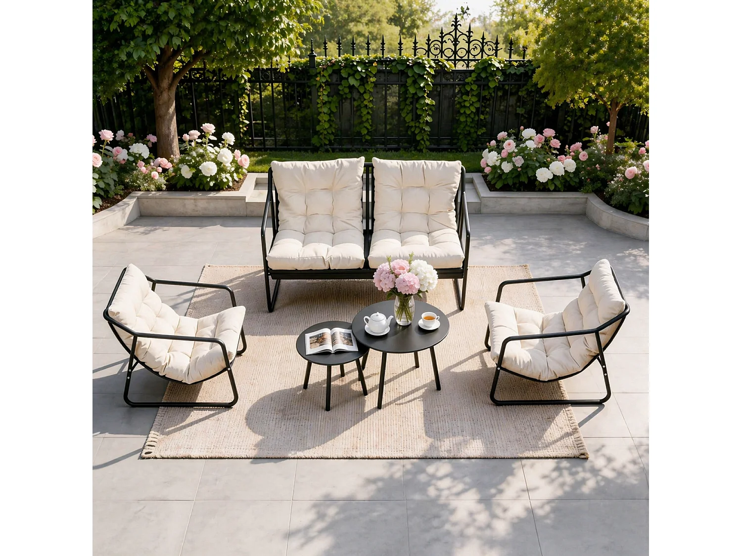 Salon de jardin 4 places gris et beige avec tables basses ATRANI