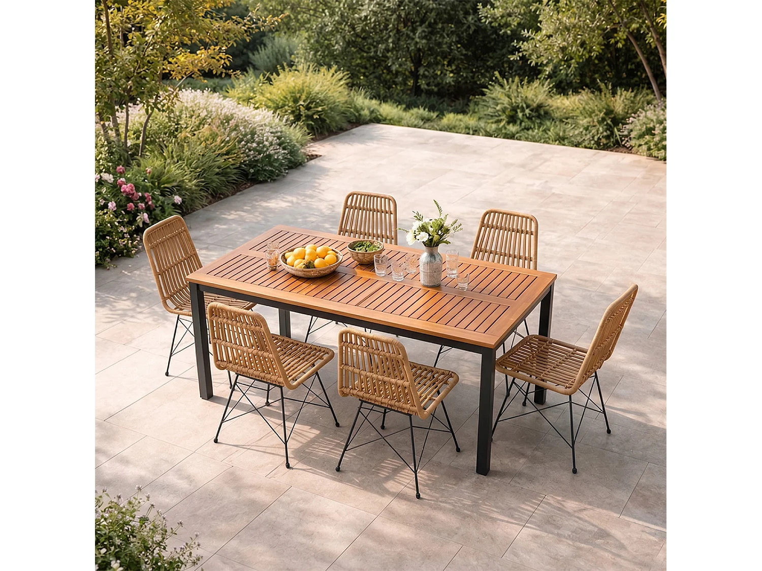 Salon de jardin 6 places avec table en bois naturel et chaises en résine tressée BAGO