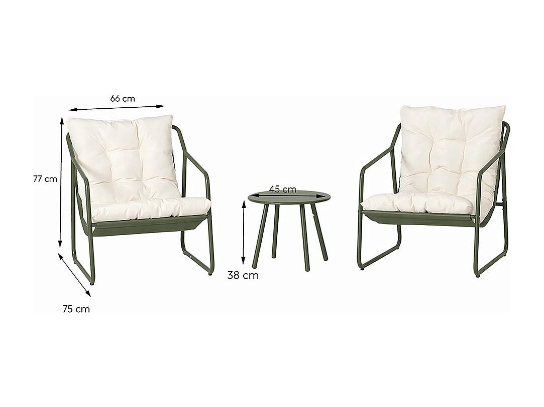 Ensemble de jardin 2 fauteuils vert kaki avec table basse ATRANI