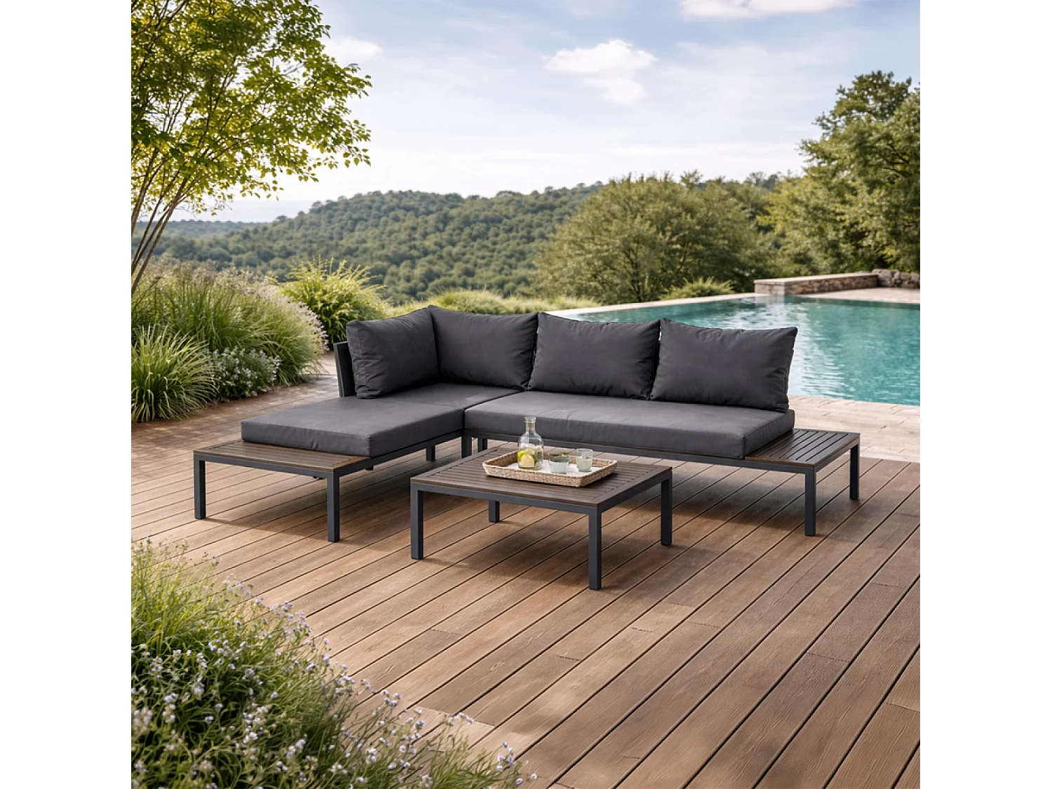 Salon de jardin 3-4 places avec table basse gris foncé MAJURO