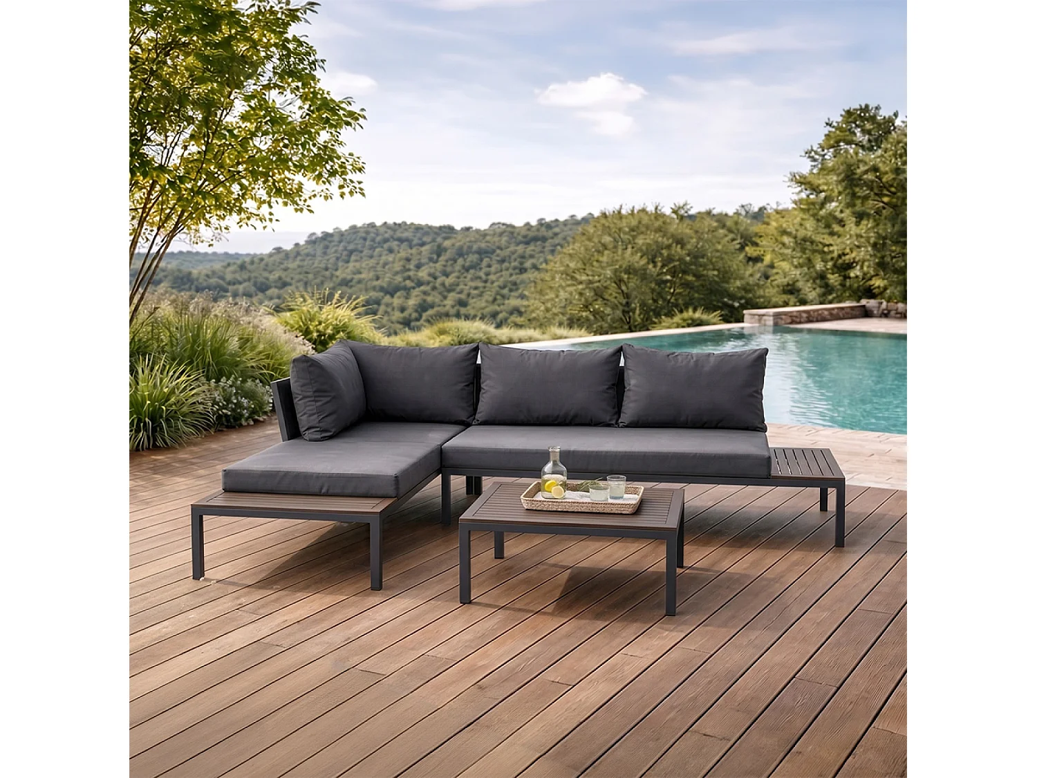 Salon de jardin 3-4 places avec table basse gris foncé MAJURO